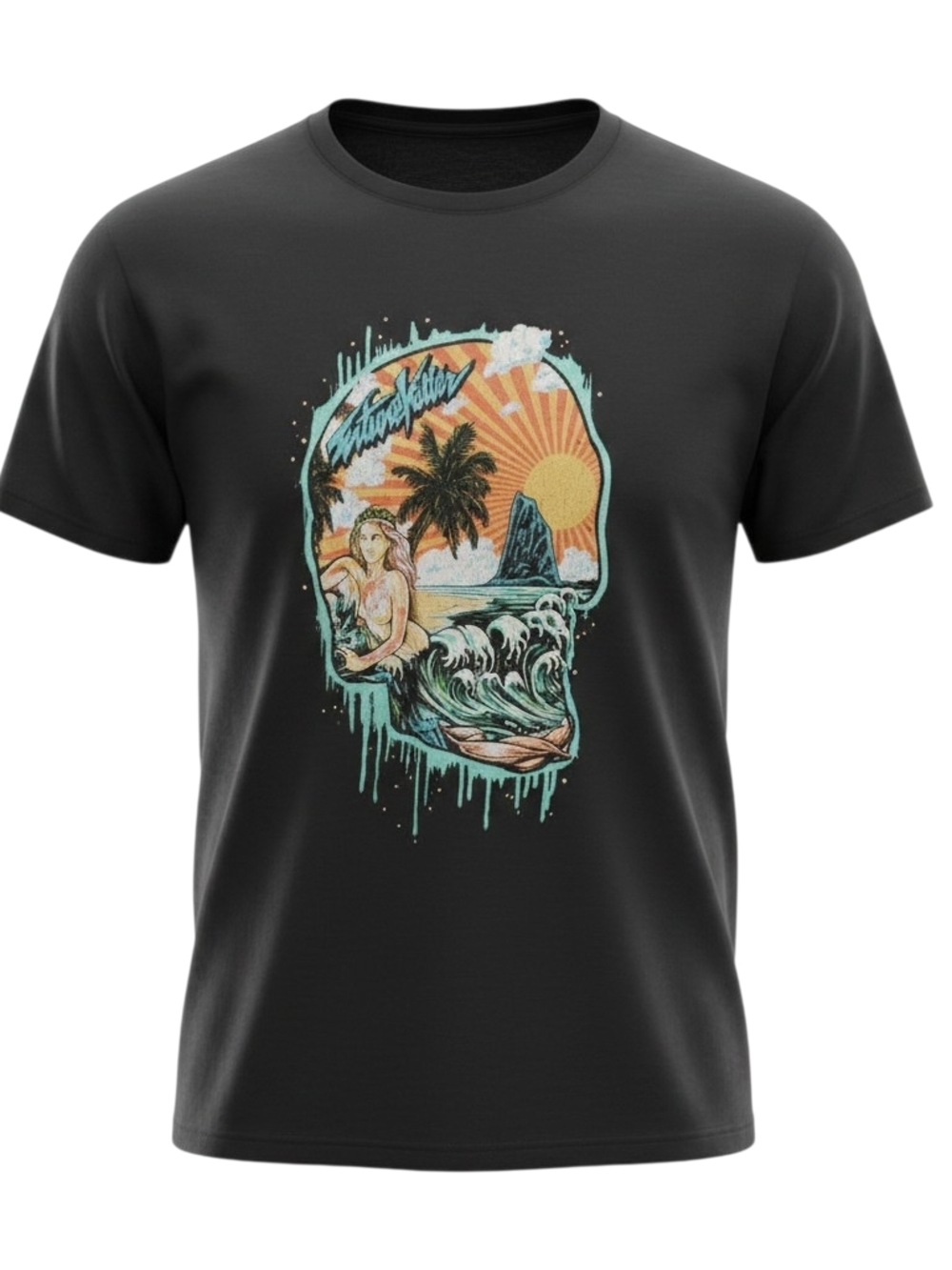 Affliction Black Graphic Tee with Teal, Orange and Yellow Print